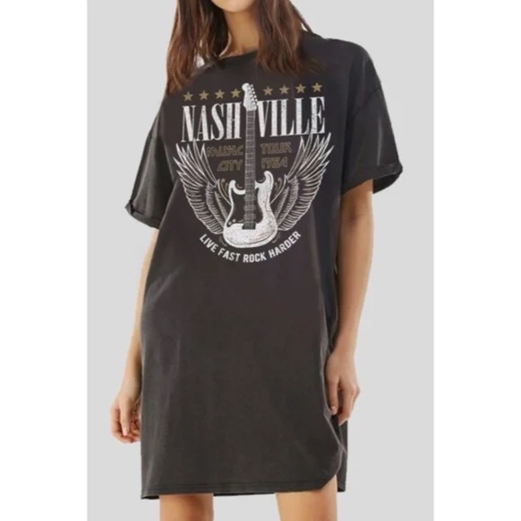 Tops - Mineral Black Nashville Music City Guitar Graphic Short Sleeve T-Shirt Dress